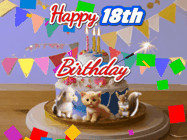 Happy Birthday Age 18 GIF, 18th Birthday GIF: Happy Birthday Cake GIF with a cat, lamb, and squirrel on the cake with flickering candles, a sparkler, and falling confetti. Reads Happy Birthday Name and you can customize the name