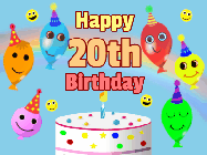 Happy Birthday Age 20 GIF, 20th Birthday GIF: Look at these cute balloons! Floating above a birthday cake. Animated happy faces too. Happy Birthday GIF. Customize. 
