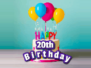 Happy Birthday Age 20 GIF, 20th Birthday GIF: A beautiful birthday cake gif with candles, balloons and falling confetti stars. Personalize the name.