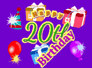Happy Birthday Age 20 GIF, 20th Birthday GIF: Animated Birthday GIF with growing and shrinking background and sparklers and a customizable name that spins around.