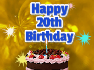 Happy Birthday Age 20 GIF, 20th Birthday GIF: A glitter and sparkle happy birthday gif with swelling sparkles, a birthday cake, and 3 lines of text to customize