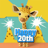 Happy Birthday Age 20 GIF, 20th Birthday GIF: Cute giraffee birthday gif depicting a paper cutout bobbing giraffe head and birthday text you can customize with sparklers.
