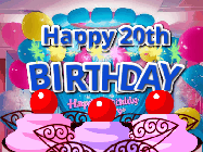 Happy Birthday Age 20 GIF, 20th Birthday GIF: Birthday animated gif with sparklers on text name you can customize. Brightly colored with a close up cake cherries.