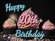 Happy Birthday Age 20 GIF, 20th Birthday GIF: A delicious cupcake gif with animated sparkles reading Happy Birthday with a name to customize