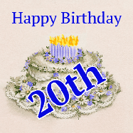 Happy Birthday Age 20 GIF, 20th Birthday GIF: A beautiful animated birthday gif with a vintage style cake drawing and animated candle flames. Customize the name and text.