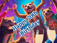Happy Birthday Age 20 GIF, 20th Birthday GIF: Happy Birthday GIF depicting a mongoose party with animated fireworks, sparkles and champagne. Reads Happy Birthday Name. Customize it.
