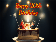 Happy Birthday Age 20 GIF, 20th Birthday GIF: Animated birthday cake gif with sparklers on a dark background. Personalize up to 3 lines of text.