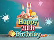 Happy Birthday Age 20 GIF, 20th Birthday GIF: A colorful animated Happy Birthday Cake GIF with swirling sparkles and flickering candles. It reads Happy Birthday Name