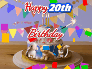 Happy Birthday Age 20 GIF, 20th Birthday GIF: Happy Birthday Cake GIF with a cat, lamb, and squirrel on the cake with flickering candles, a sparkler, and falling confetti. Reads Happy Birthday Name and you can customize the name
