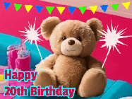 Happy Birthday Age 20 GIF, 20th Birthday GIF: A cute birthday teddy bear animated birthday gif with the bear holding sparklers and text to customize.