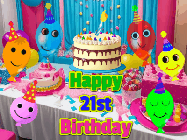 Happy Birthday Age 21 GIF, 21st Birthday GIF: A birthday animated gif with a party room in the background and cute balloons, cake, and name to customize.