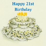 Happy Birthday Age 21 GIF, 21st Birthday GIF: A beautiful vintage birthday cake design with flickering candles atop and three lines of customized happy birthday text.