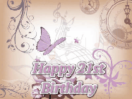 Happy Birthday Age 21 GIF, 21st Birthday GIF: Classical birthday gif background with colorful musical notes floating past and a name you can customize, reads Happy Birthday.
