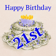 Happy Birthday Age 21 GIF, 21st Birthday GIF: A beautiful animated birthday gif with a vintage style cake drawing and animated candle flames. Customize the name and text.