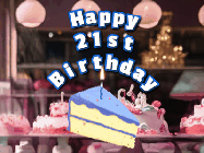 Happy Birthday Age 21 GIF, 21st Birthday GIF: A cake shop background with a slice of cake and animated candle reading Happy Birthday Customize.