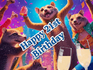 Happy Birthday Age 21 GIF, 21st Birthday GIF: Happy Birthday GIF depicting a mongoose party with animated fireworks, sparkles and champagne. Reads Happy Birthday Name. Customize it.