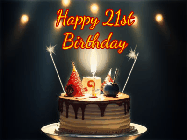 Happy Birthday Age 21 GIF, 21st Birthday GIF: Animated birthday cake gif with sparklers on a dark background. Personalize up to 3 lines of text.