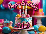 Happy Birthday Age 21 GIF, 21st Birthday GIF: Animated birthday gif with a beautiful colorful birthday can and sparkles in the air. It reads Happy Birthday Customize.