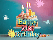 Happy Birthday Age 21 GIF, 21st Birthday GIF: A colorful animated Happy Birthday Cake GIF with swirling sparkles and flickering candles. It reads Happy Birthday Name