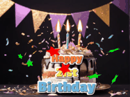 Happy Birthday Age 21 GIF, 21st Birthday GIF: Happy birthday cake animated gif with flickering candles, animated text, and falling confetti. Customize text reading Happy Birthday Customize.