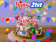 Happy Birthday Age 21 GIF, 21st Birthday GIF: Happy Birthday Cake GIF with a cat, lamb, and squirrel on the cake with flickering candles, a sparkler, and falling confetti. Reads Happy Birthday Name and you can customize the name