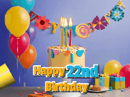 Happy Birthday Age 22 GIF, 22nd Birthday GIF: Happy birthday cake animated gif with flickering candles, balloons, confetti, and text to customize.
