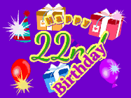 Happy Birthday Age 22 GIF, 22nd Birthday GIF: Animated Birthday GIF with growing and shrinking background and sparklers and a customizable name that spins around.
