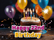 Happy Birthday Age 22 GIF, 22nd Birthday GIF: A birthday cake with flickering candles gif with text reading Happy Birthday and a Name slot to customize