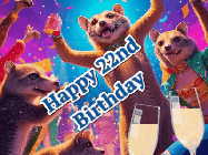 Happy Birthday Age 22 GIF, 22nd Birthday GIF: Happy Birthday GIF depicting a mongoose party with animated fireworks, sparkles and champagne. Reads Happy Birthday Name. Customize it.