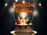 Happy Birthday Age 22 GIF, 22nd Birthday GIF: Animated birthday cake gif with sparklers on a dark background. Personalize up to 3 lines of text.