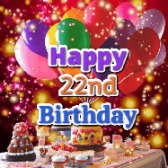 Happy Birthday Age 22 GIF, 22nd Birthday GIF: Animated happy birthday gif on a bright red glittery background and 3 lines of text reading Happy Birthday Customize