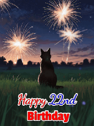 Happy Birthday Age 22 GIF, 22nd Birthday GIF: An animated gif at night showing the backside of a sitting cat who watches sparkle and fireworks over a meadow. Customize name and happy birthday.