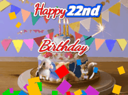 Happy Birthday Age 22 GIF, 22nd Birthday GIF: Happy Birthday Cake GIF with a cat, lamb, and squirrel on the cake with flickering candles, a sparkler, and falling confetti. Reads Happy Birthday Name and you can customize the name