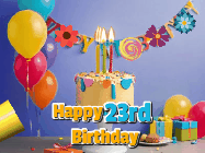 Happy Birthday Age 23 GIF, 23rd Birthday GIF: Happy birthday cake animated gif with flickering candles, balloons, confetti, and text to customize.