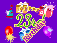 Happy Birthday Age 23 GIF, 23rd Birthday GIF: Animated Birthday GIF with growing and shrinking background and sparklers and a customizable name that spins around.