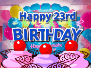 Happy Birthday Age 23 GIF, 23rd Birthday GIF: Birthday animated gif with sparklers on text name you can customize. Brightly colored with a close up cake cherries.