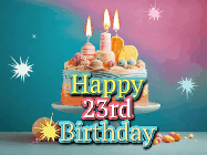 Happy Birthday Age 23 GIF, 23rd Birthday GIF: A colorful animated Happy Birthday Cake GIF with swirling sparkles and flickering candles. It reads Happy Birthday Name