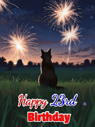 Happy Birthday Age 23 GIF, 23rd Birthday GIF: An animated gif at night showing the backside of a sitting cat who watches sparkle and fireworks over a meadow. Customize name and happy birthday.