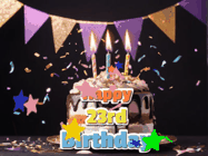 Happy Birthday Age 23 GIF, 23rd Birthday GIF: Happy birthday cake animated gif with flickering candles, animated text, and falling confetti. Customize text reading Happy Birthday Customize.