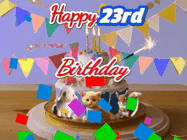 Happy Birthday Age 23 GIF, 23rd Birthday GIF: Happy Birthday Cake GIF with a cat, lamb, and squirrel on the cake with flickering candles, a sparkler, and falling confetti. Reads Happy Birthday Name and you can customize the name