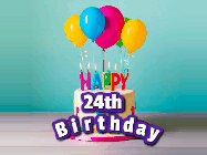 Happy Birthday Age 24 GIF, 24th Birthday GIF: A beautiful birthday cake gif with candles, balloons and falling confetti stars. Personalize the name.