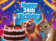 Happy Birthday Age 24 GIF, 24th Birthday GIF: A silly animated birthday gif, a chipmunk lights bady cake sparkler with laser beam eyes and starts a bright glitter party.