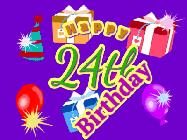 Happy Birthday Age 24 GIF, 24th Birthday GIF: Animated Birthday GIF with growing and shrinking background and sparklers and a customizable name that spins around.