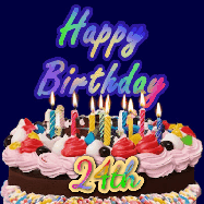 Happy Birthday Age 24 GIF, 24th Birthday GIF: A dark blue birthday gif with a beautiful cake with flickering candles, background sparkles and a name to customize.