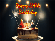 Happy Birthday Age 24 GIF, 24th Birthday GIF: Animated birthday cake gif with sparklers on a dark background. Personalize up to 3 lines of text.