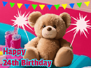 Happy Birthday Age 24 GIF, 24th Birthday GIF: A cute birthday teddy bear animated birthday gif with the bear holding sparklers and text to customize.