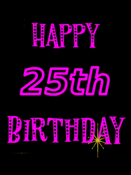 Happy Birthday Age 25 GIF, 25th Birthday GIF: Retro happy birthday GIF with 2 lines of text you can customize on a black background with animated twinkles.