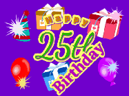 Happy Birthday Age 25 GIF, 25th Birthday GIF: Animated Birthday GIF with growing and shrinking background and sparklers and a customizable name that spins around.