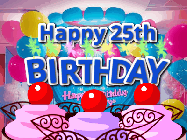 Happy Birthday Age 25 GIF, 25th Birthday GIF: Birthday animated gif with sparklers on text name you can customize. Brightly colored with a close up cake cherries.