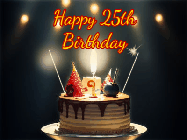 Happy Birthday Age 25 GIF, 25th Birthday GIF: Animated birthday cake gif with sparklers on a dark background. Personalize up to 3 lines of text.